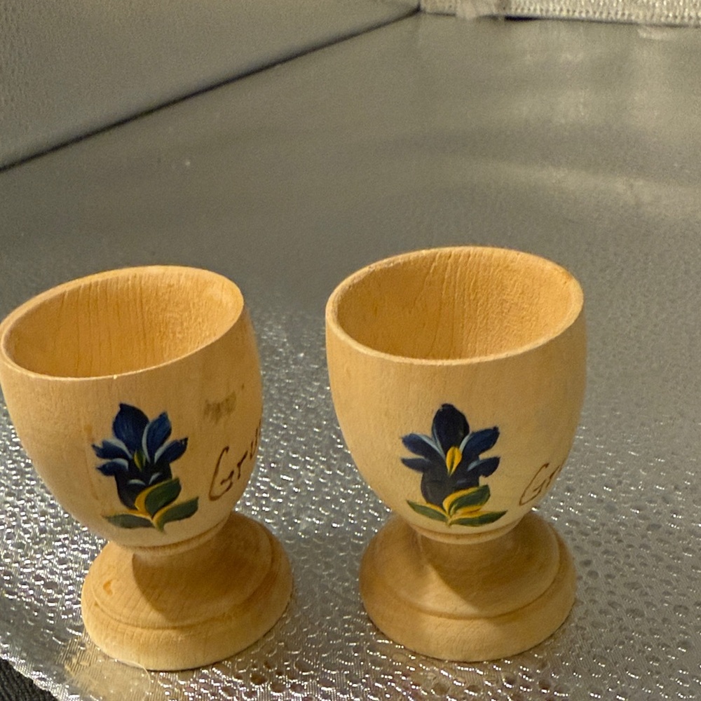 Vintage hand made Wooden Egg Cups with hand painted Floral Design
